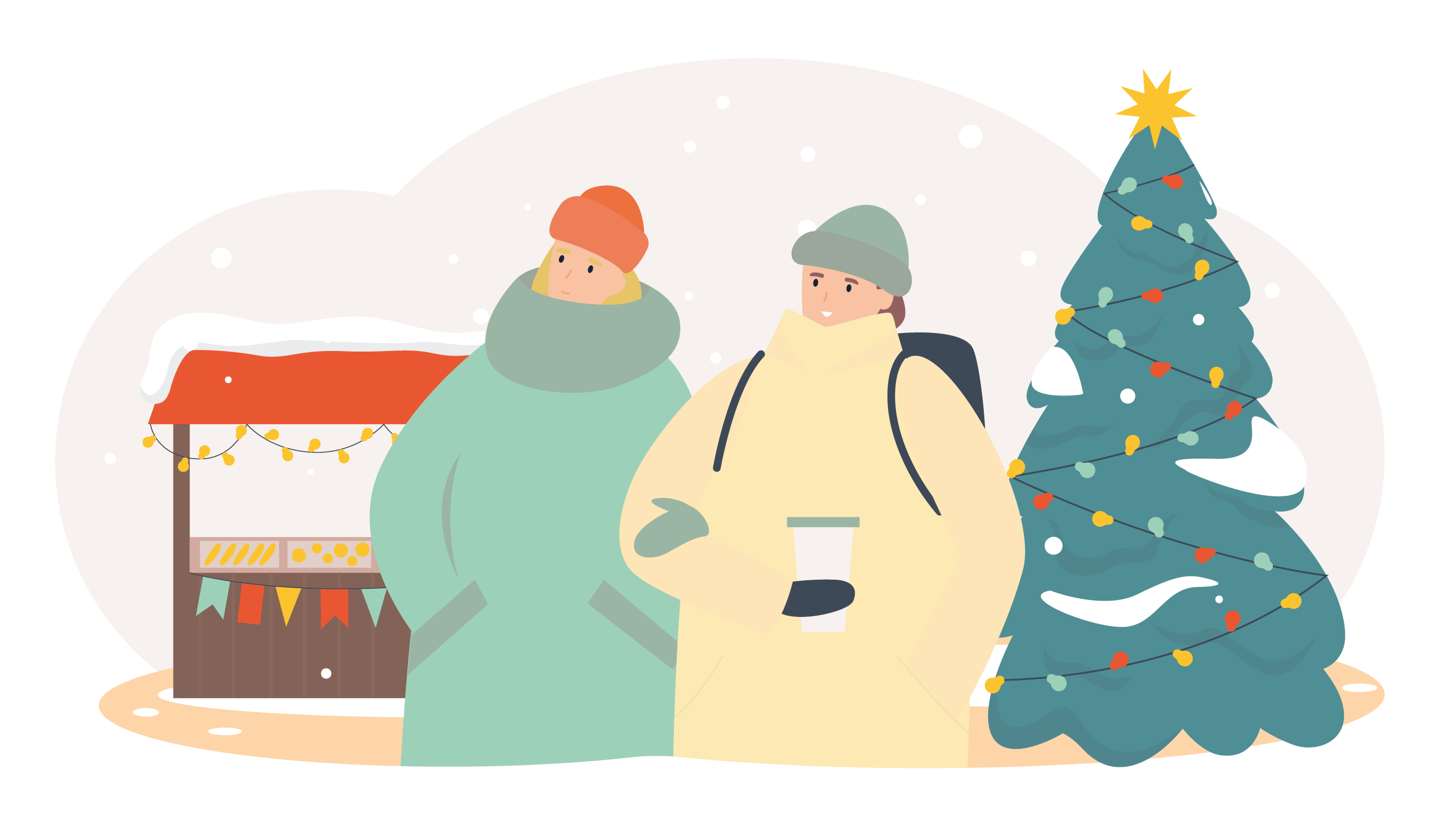 Illustration: Zwei Menschen in dicken Jacken auf dem Weihnachtsmarkt